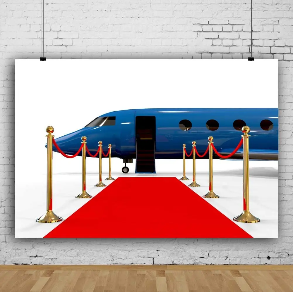 

Airport Pickup Red Carpet Backdrop Gold Bannister Blue Luxury Open Door Airplane VIP Background Stars Reception Party Decor