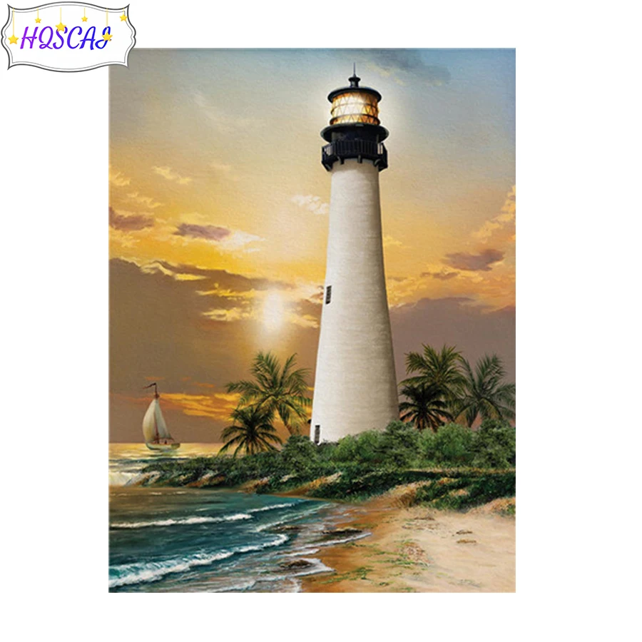 Full circle diamond painting Sea boat ye tree tower Diamond embroidery handmade diamond embroidery mosaic home decoration pictur