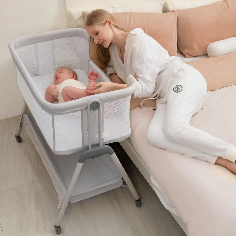 ANGELBLISS Berço de cabeceira para bebê, berço portátil dobrável fácil para bebê com rodas, altura ajustável