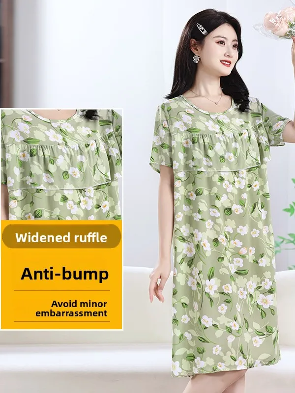 2026 New Women's Cotton Silk Sleep Dress Loose Home Clothes Summer Anti-Protrusion Large Size round Neck Short Sleeve Midi Dress