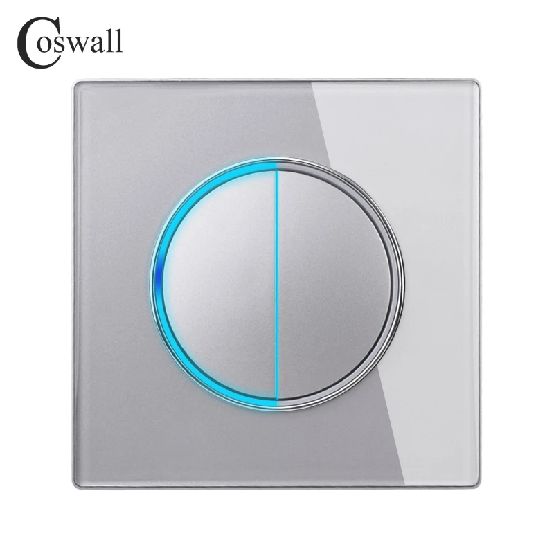 COSWALL 1/2/3/4 Gang 1/2 Way On / Off Wall Light Switch Large Aperture LED Backlight Data HDMI USB Charger Glass Panel Grey Gray