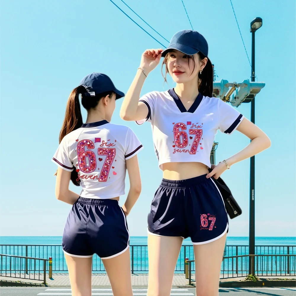

Cute Letter 67 Print Women Two Piece Set Short Sleeve Crop T-shirt + High Waist Shorts Casual Summer Tracksuit For Girls