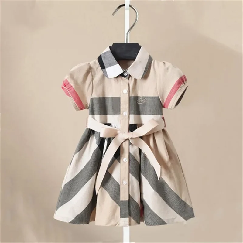 Girl Dress  Fashion Plaid Shirt Dress for Girls Single-breasted Kids Party Dress with Sashes Summer England Clothes for Girls