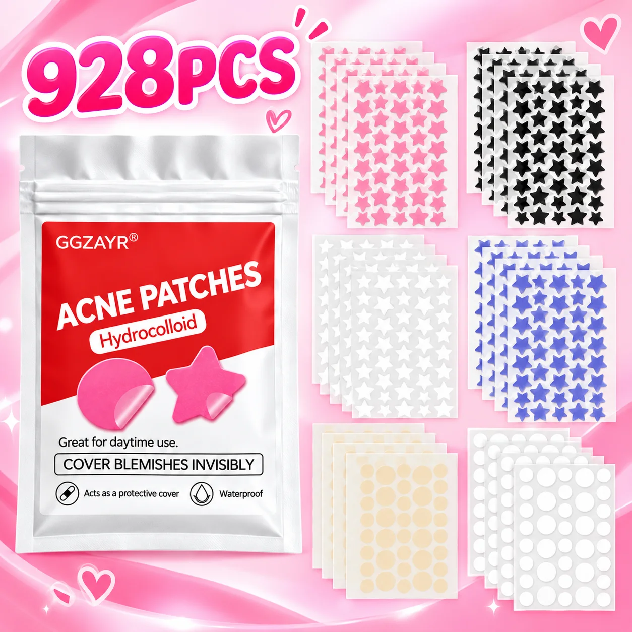 928PCS Colorful Star Pimple Patch Set, Hydrocolloid Face Stickers, Mixed Shape Cute Beauty Accessories for Girls Daily Care