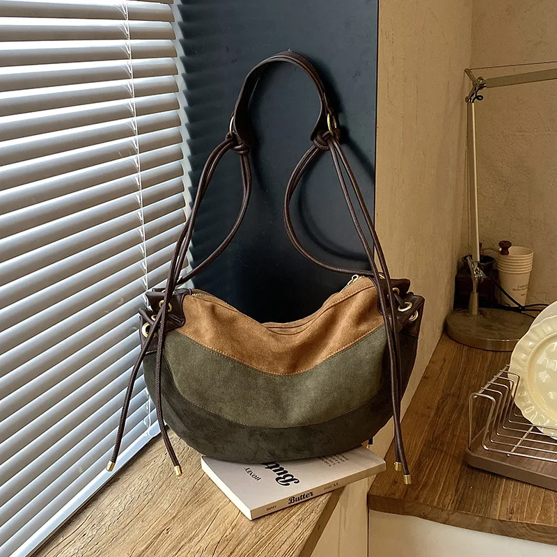 Women PU Leather Dumpling Bag Ladies Crossbody Shoulder Handbag with Color Block and Knot Strap Detail Daily Travel Purse Casual