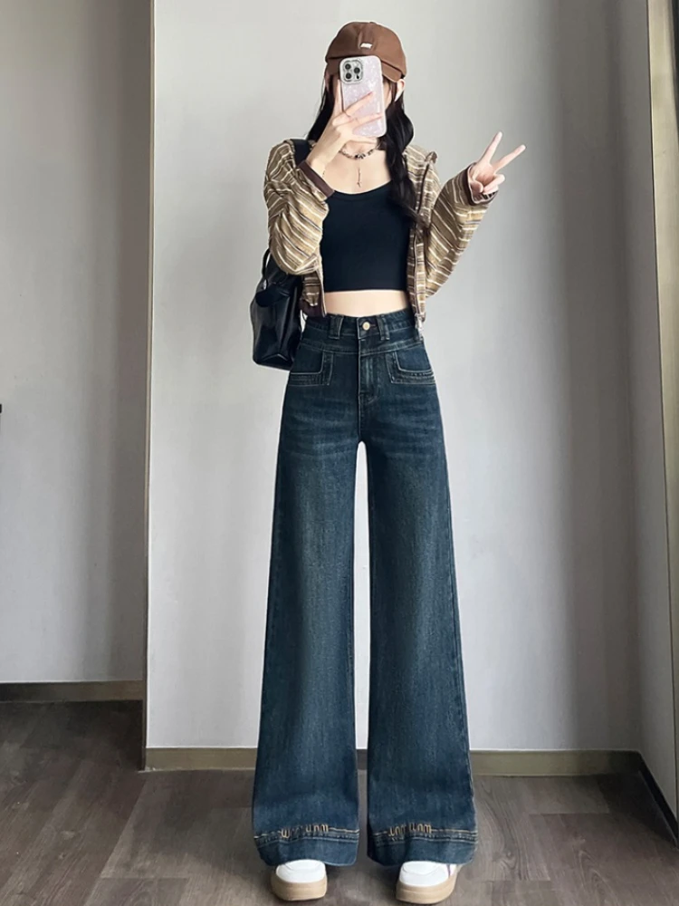 Pantaloni a gamba larga larghi ricamati e velluto a vita alta autunno/inverno da donna 2025 Pantaloni casual versatili alla moda