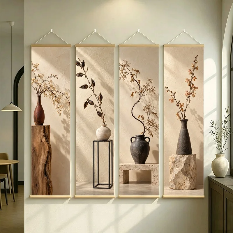 Wall Art Dried Snapdragon and Dried Spirea, Natural Wabi-Sabi Botanical Silver Shimmer Canvas Hanging Scroll for Tea Room