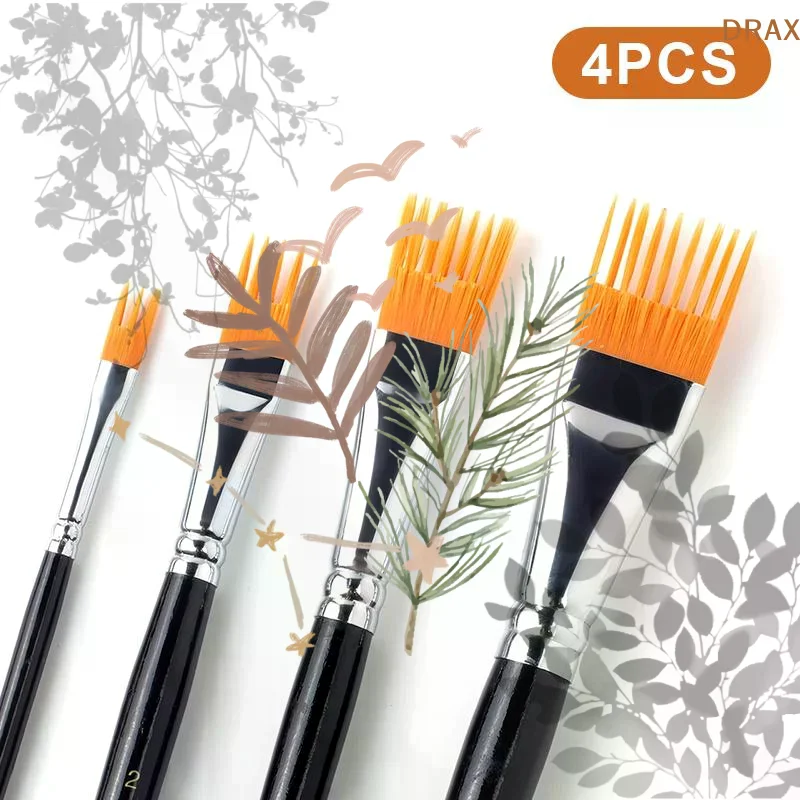 Serrated Shape Paintbrush Set Landscape Leaf Art: 4Pcs Watercolor Oil Digital Painting Artist Student Supplies