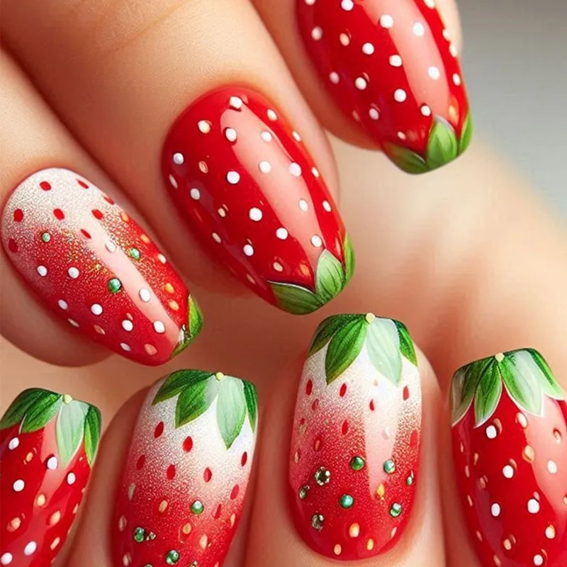 

24Pcs Long Square Press on Nails - Cute Red Strawberry with Green Leaves Gradient Design | Fruity Style Fake Nails
