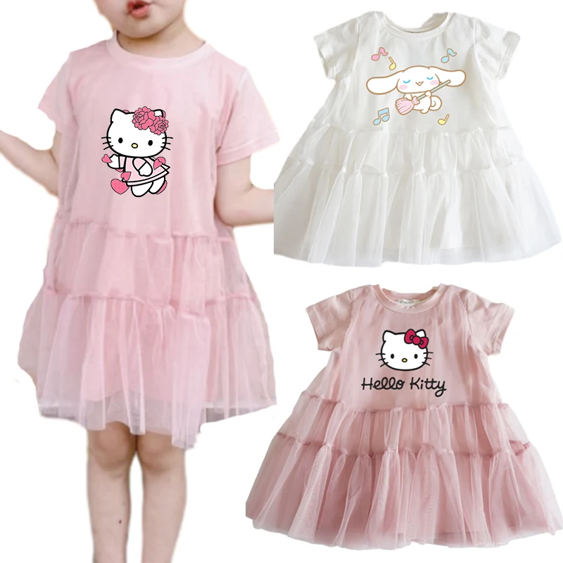 Summer Sanrios Children Girl Princess Dress Hello Kitty Kuromi Mymelody Cinnamoroll Kawaii Kid Puffy Mesh Tutu Party Skirt Gifts