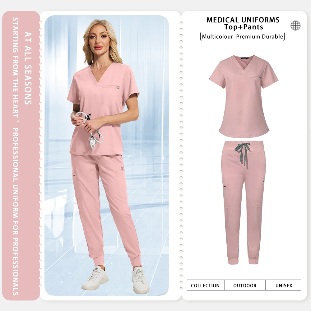 Conjunto de esfoliantes de enfermeira com bolsos, decote em v, unissex, uniforme hospitalar de laboratório para mulheres, homens, médico, cirurgia, roupa de trabalho, dentista, top + calças
