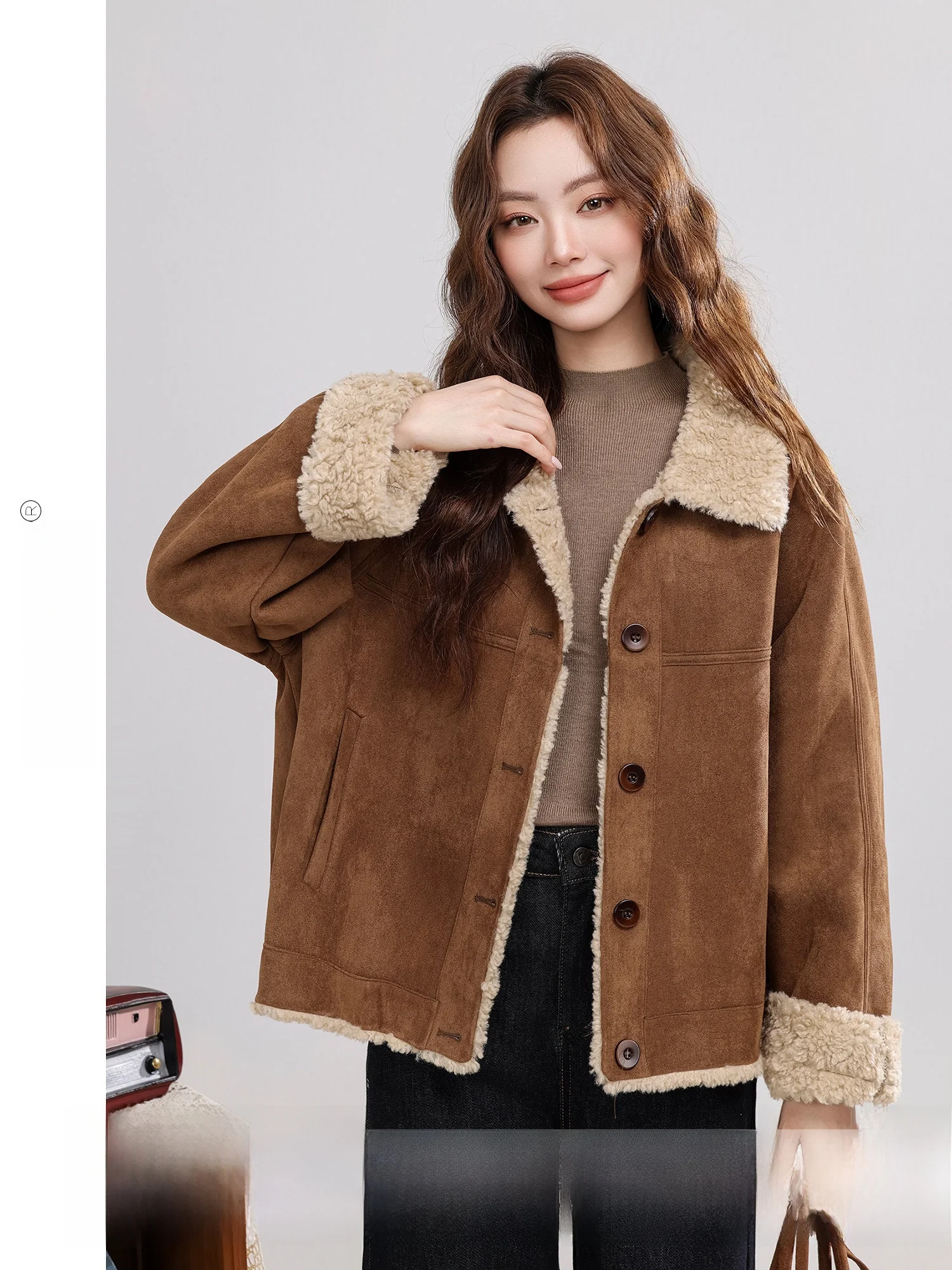 

Danfeng Vintage Coffee Leather Fur Inteated Lamb Fur Jaet Women's Casual Sle Winter New Arrival ort Coat