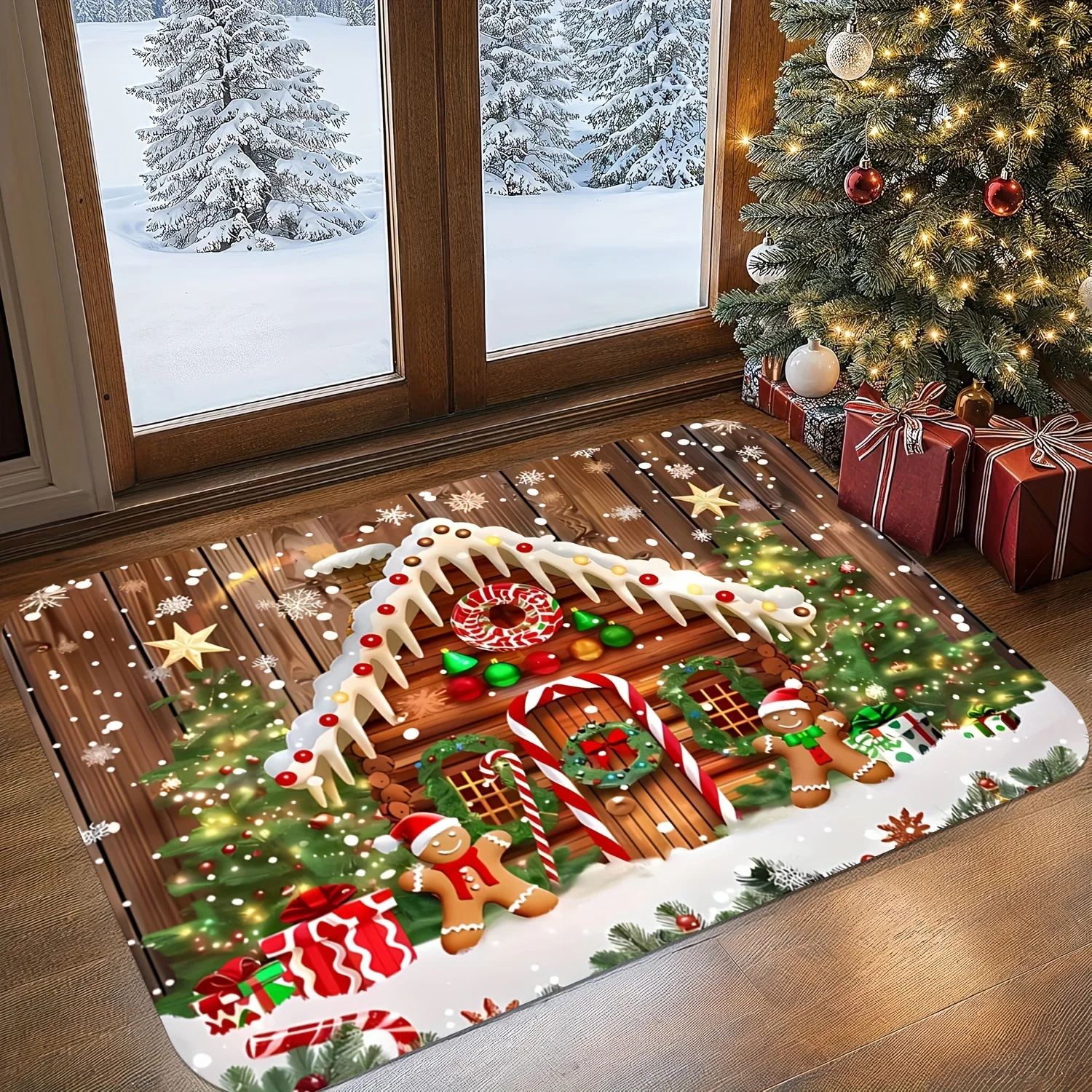 

Xmas Gingerbread Man And Gingerbread House Snowflake Gift Design Pattern Doormat - Machine Washable