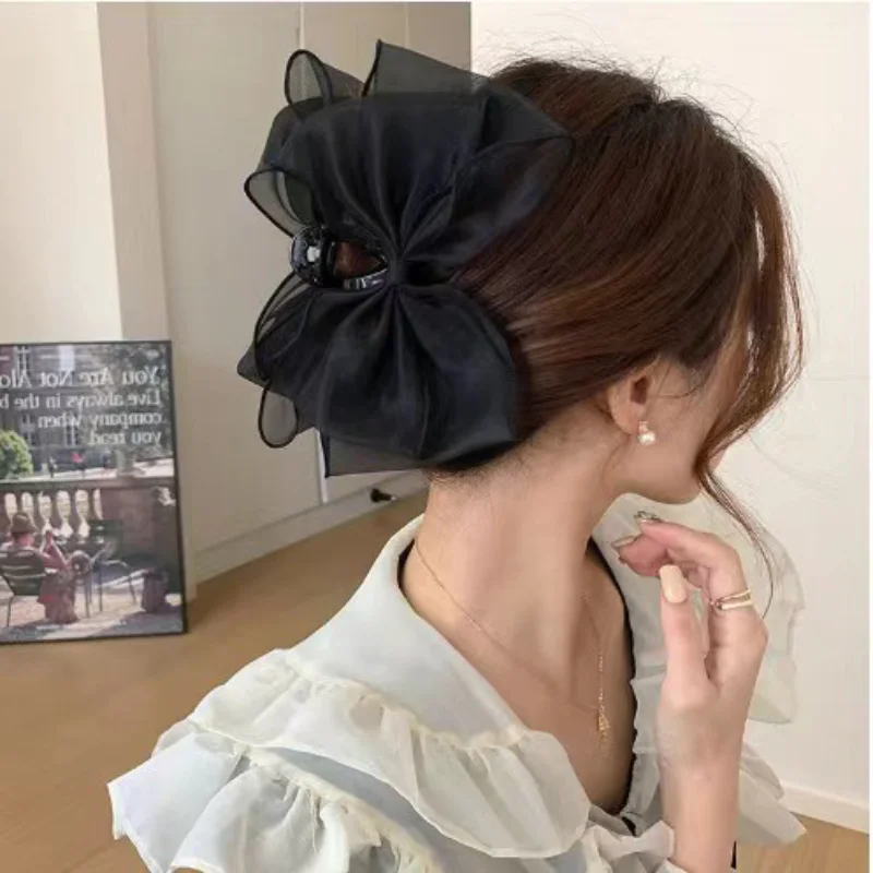 Korean Women Black Bow Grip Clip Elegant Fabric Ponytail Braid Claw Clip Retro Rhinestone Shark Clip Female Hair Accessories