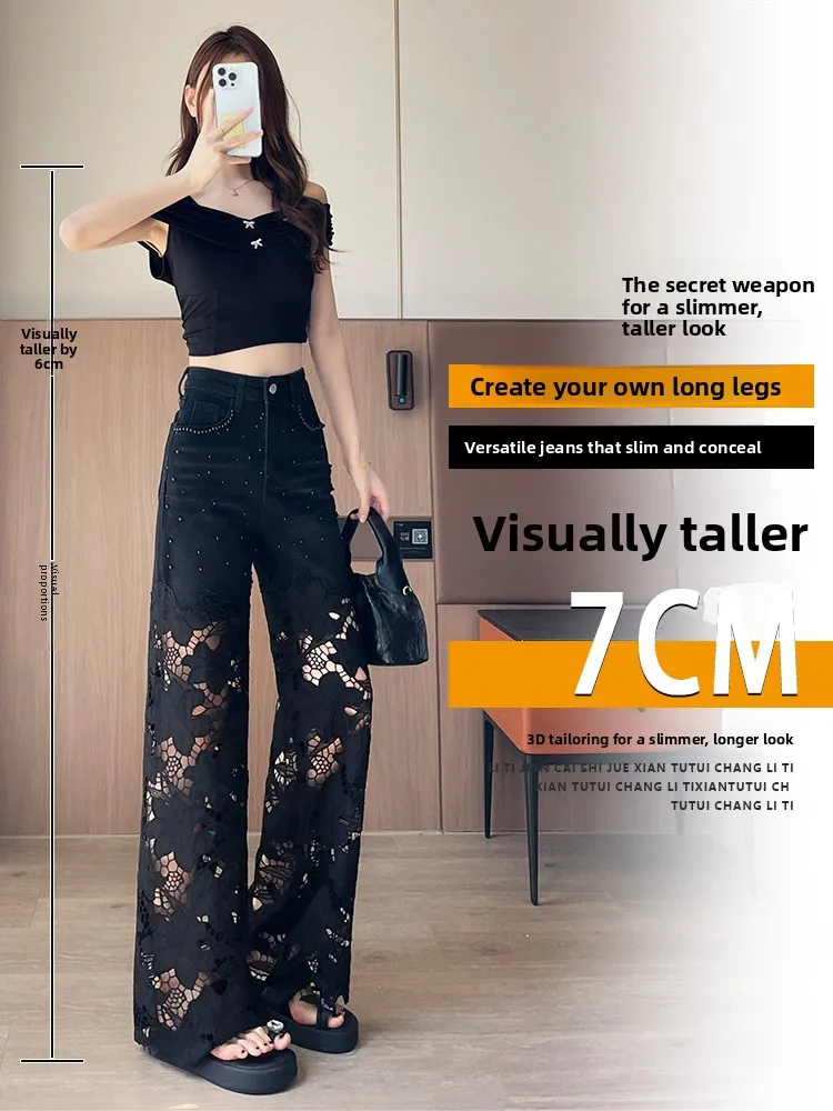 الثقيلة التطريز الدانتيل الربط الجوف حبة واسعة الساق الجينز المرأة الصيف رقيقة عالية الخصر فضفاض مستقيم قطع السراويل #3