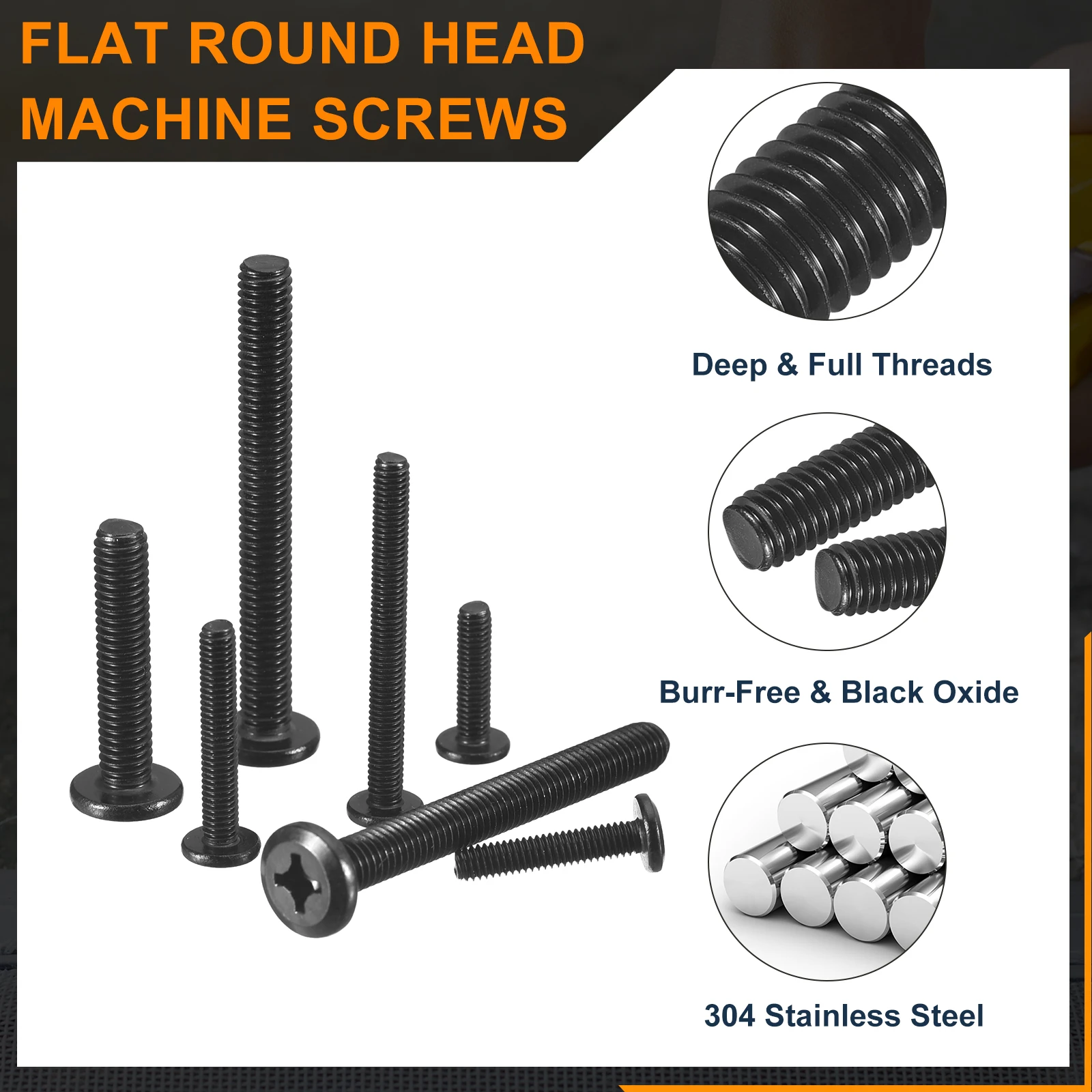 20/25/50Pc M4 M5 M6 Flat Round Head Machine Screws 304 Stainless Steel Phillips Drive Full Thread Machine Screw Oxide Bolt Screw