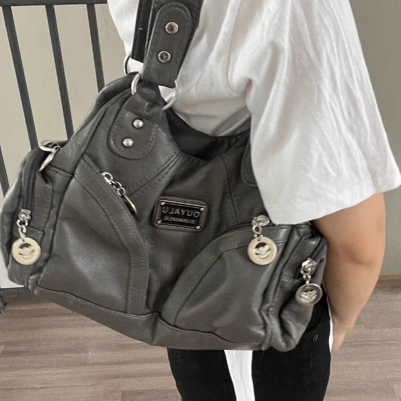 Xiuya Y2k Vintage Shoulder Bag for Women Large Capacity Gothic Soft Pu Leather Motorcycle Handbag Casual Gray Mens Armpit Bag