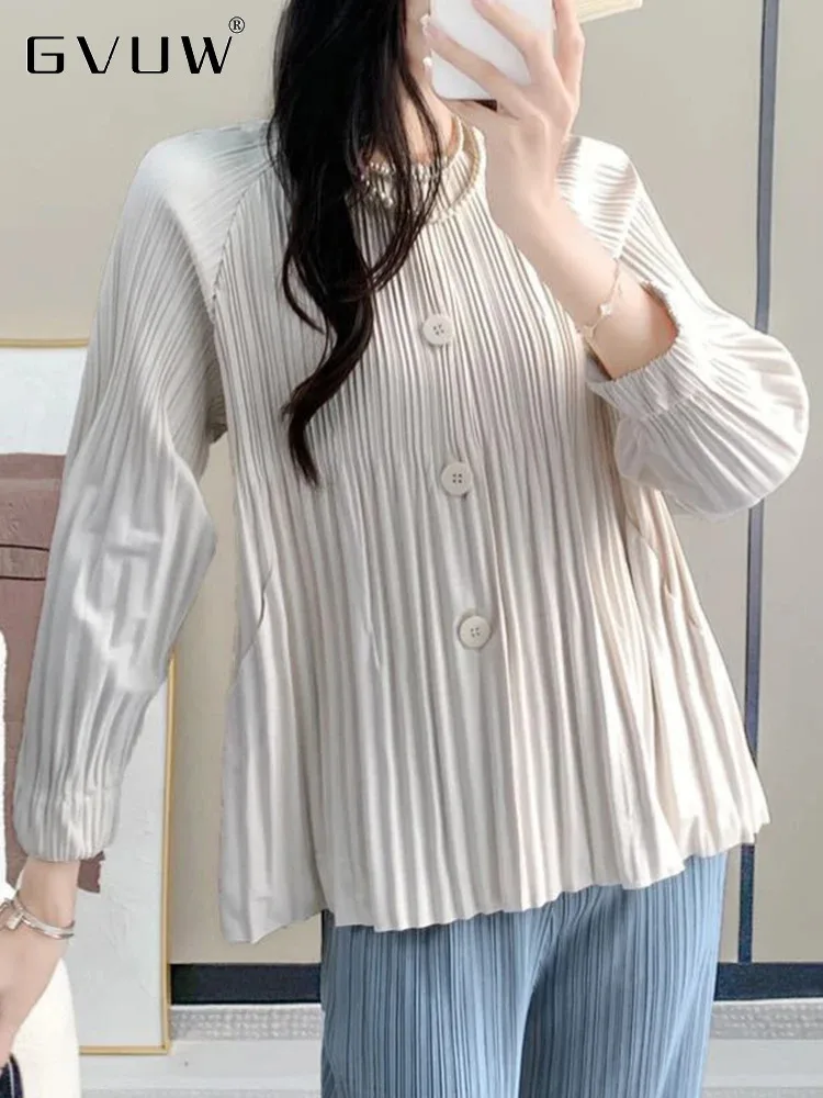 GVUW Pleated Round Collar Jackets Women Full Sleeve Single Breasted Solid Color New 2024 Simplicity Female Clothing 17G8013