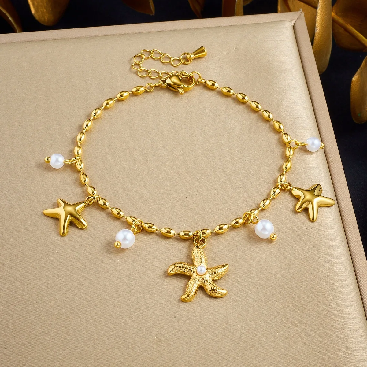 Gold Starfish Pearl Charm Bracelet Women Stainless Steel Bead Chain Bracelet Colorfast Summer Beach Vacation Ocean Jewelry Gift