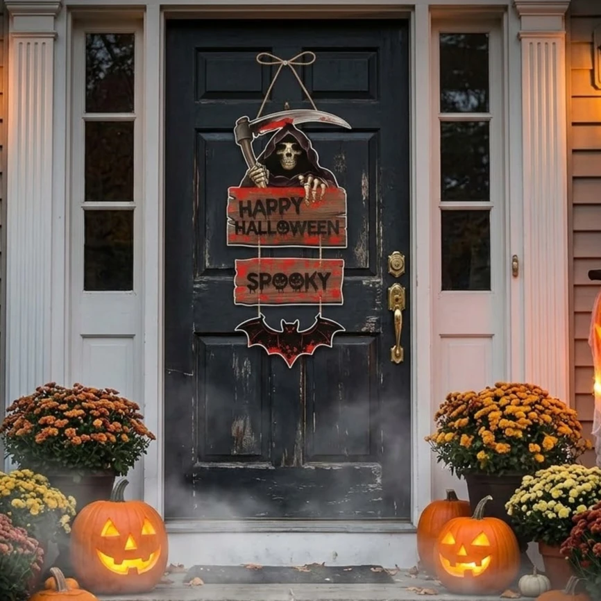 Halloween Door Hanging Sign Pumpkin Bat Ghost Witch Skeleton Front Door Wall Decor Trick Or Treat Party Hanging Ornament - view 3