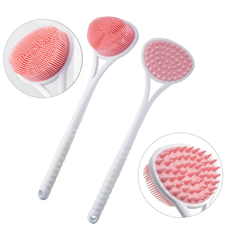 Silicone Double Side Brush Head Back Scrubber Shower Brush With Long Handle Dry Skin Exfoliating Body Massage Cleaning Tool