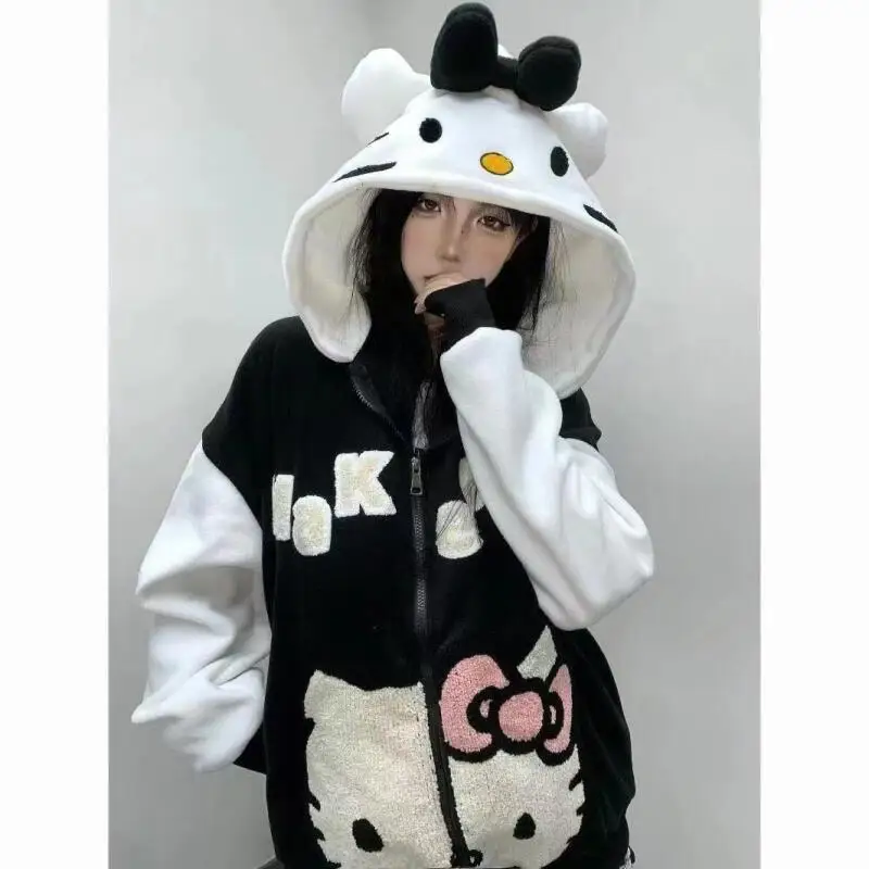 Felpa con cappuccio con zip stile Hello Kitty in peluche Y2K con stampa carina oversize con cappuccio streetwear felpa casual giacca maglione cappotto da donna