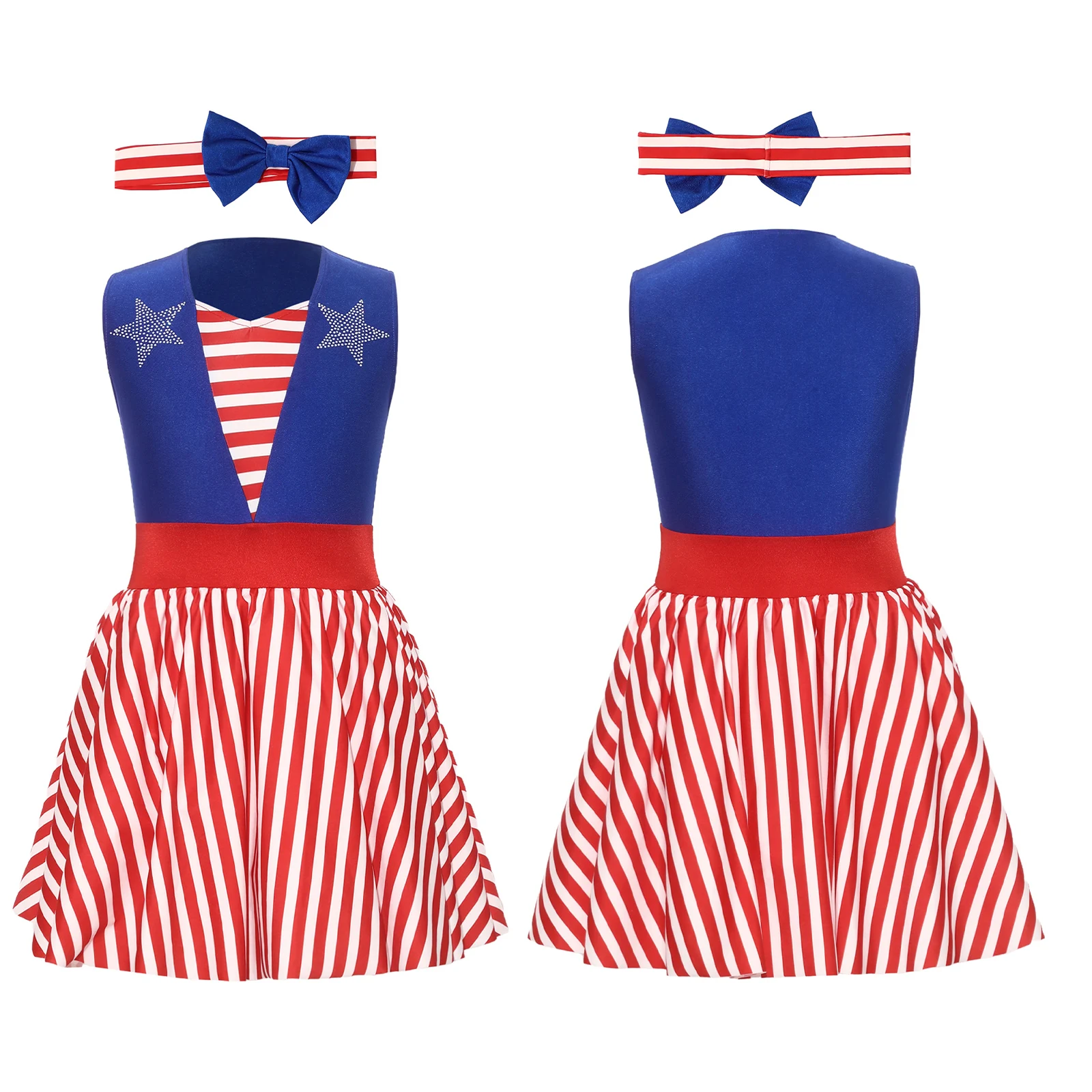 Kids Girls July 4th Independence Day Costume Tutu Dress Stars Striped Leotard Dress with Bow Headband for Halloween Themed Party