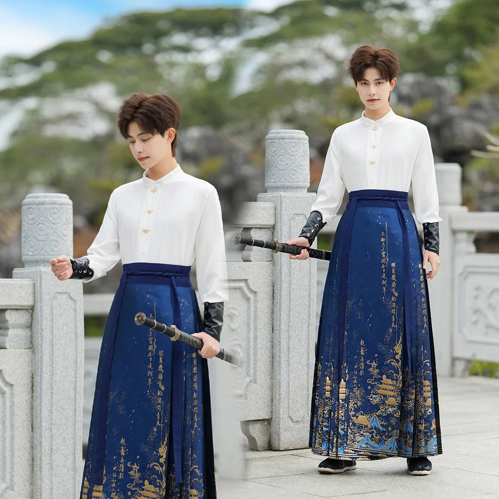 

Юбка Hanfu с изображением лошади для мужчин, традиционное китайское плетение, Золотое Искусственное искусство, белая голубая рубашка + юбка, мужские комплекты, мужская модель XXL