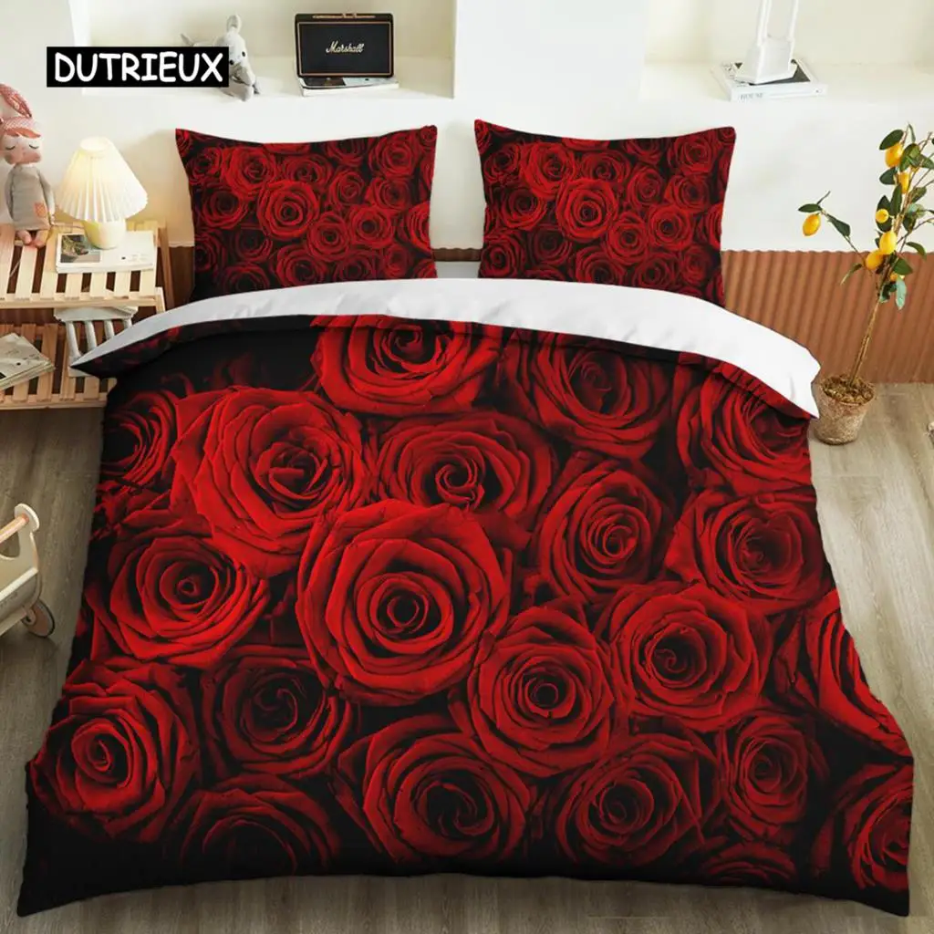 

Red Rose Duvet Cover Set Full Size Microfiber Red Flower Quilt Cover for Valentine's Day Mother's Day Wedding Soft Bedding Set