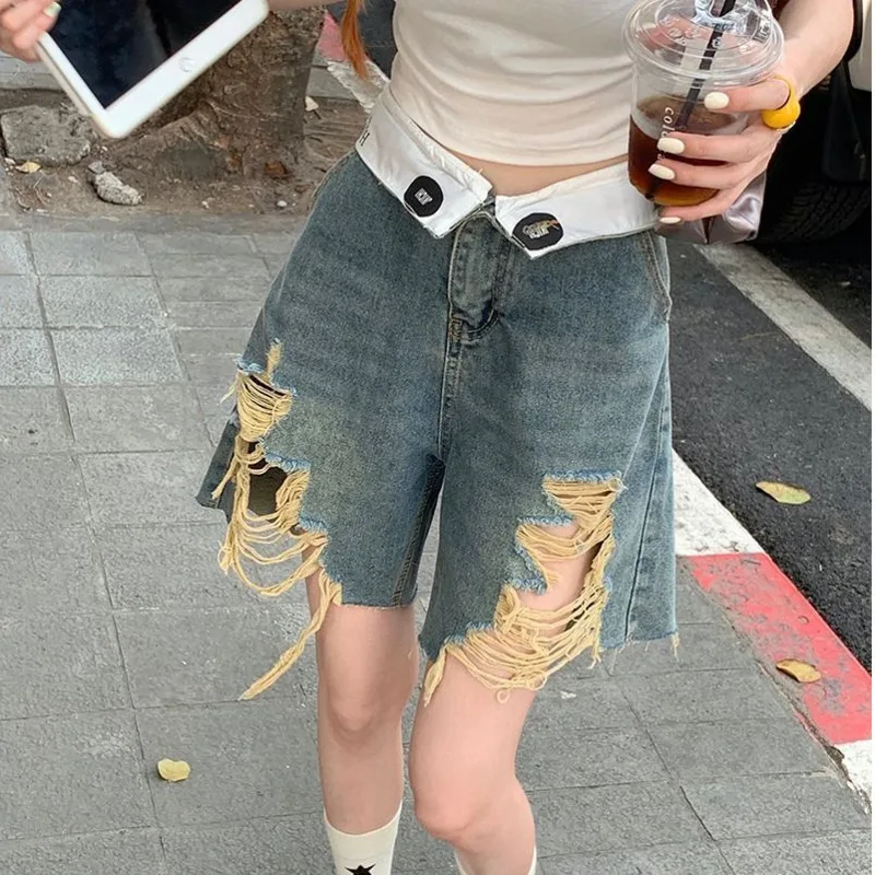 

Emo Yk2 Grunge Denim Trousers Women Summer Design High Waiste Wide Leg Shorts Jeans Female Fashion Aesthetic Hip Hop Jorts Girls