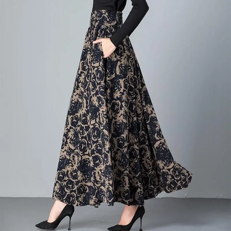 Summer New Office Lady Commute High Waist Ankle Oversize Loose Long Skirts Elegant Vintage Printed Maxi Floral Skirt Woman