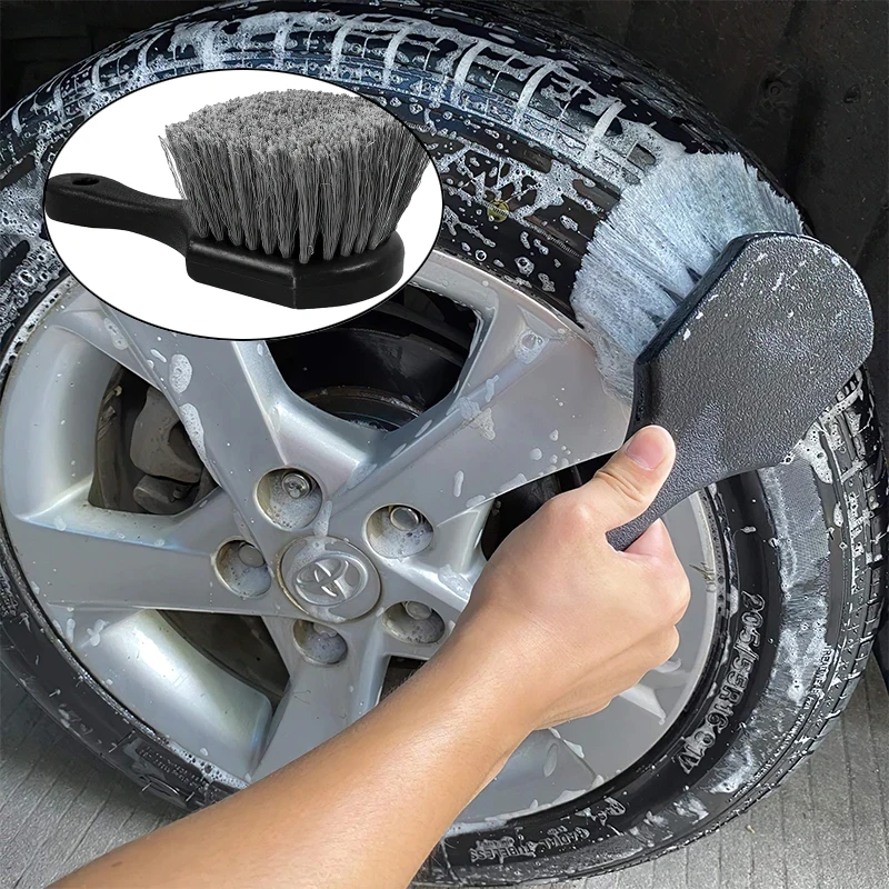 Car Tire Brush Gray Short Handle Wheel Wash Brush Round Steel Wire Long Hair Hard And Soft Brush Wire Car Cleaning Tools