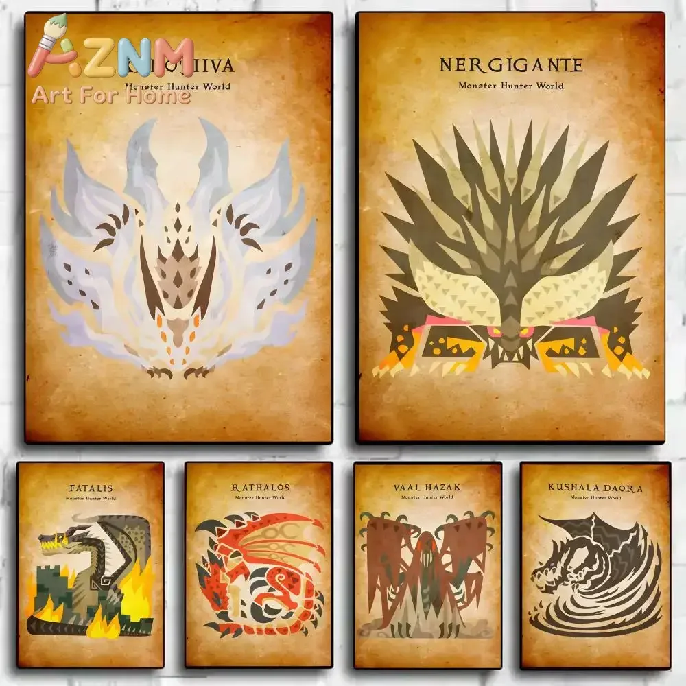AZNM Monster Hunter World Vintage Monster Canvas Wall Art Retro Game Creature Art Print Unframed Canvas Poster for Game Room Bed