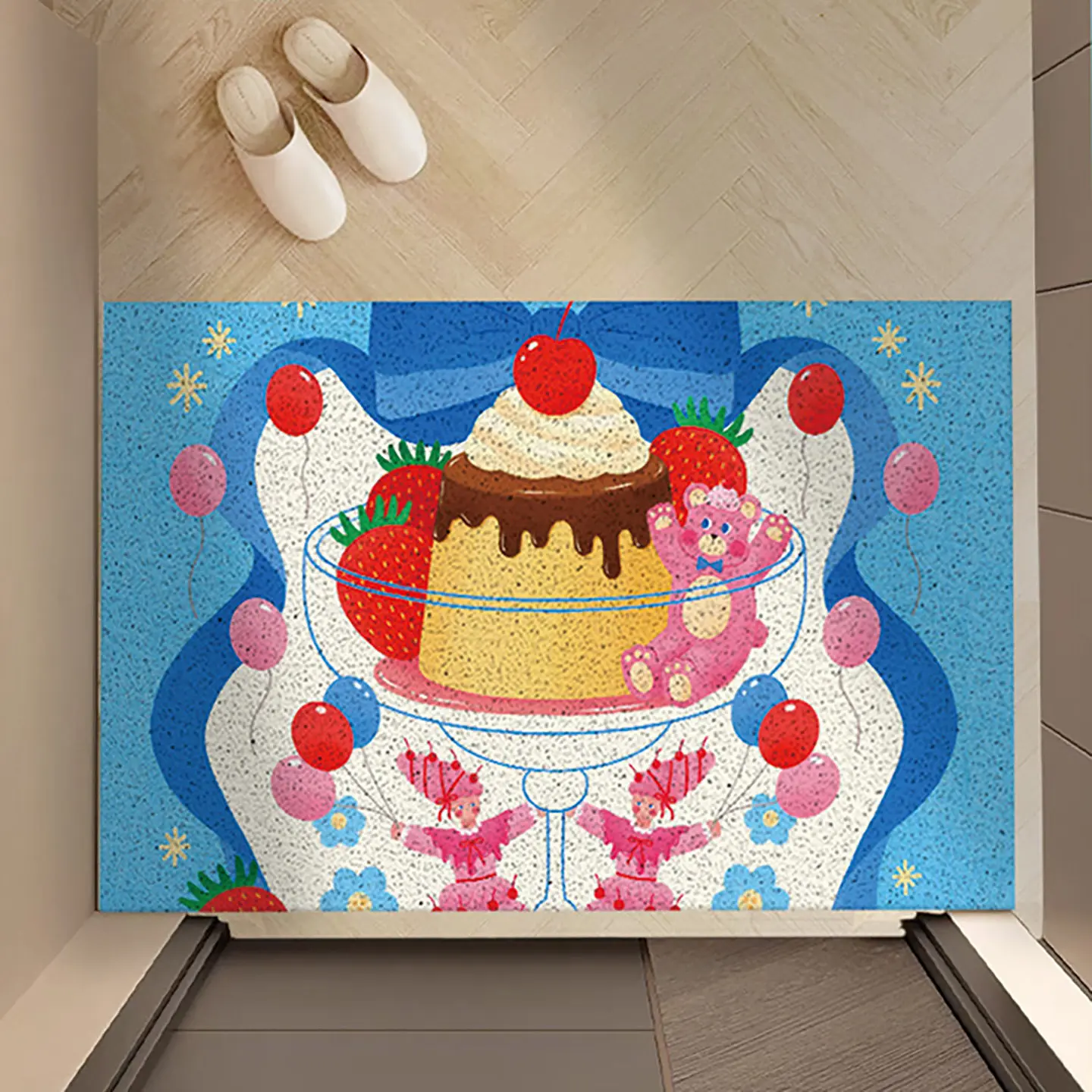 Retro Cute Bear Girl Nature Painting Printed PVC Coil Doormat Cuttable Wear‑Resistant Non‑Slip Dirt Trapper Porch Carpet