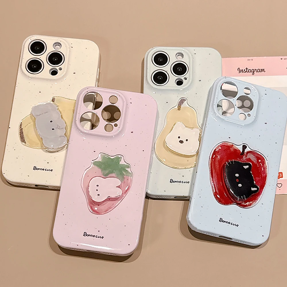 

INS Cute Rabbit Cartoon Animals Phone Cases for IPhone 16 15 14 Pro Max 13 Lovely Strawberry Fruit Soft Fashion Back Cover Case