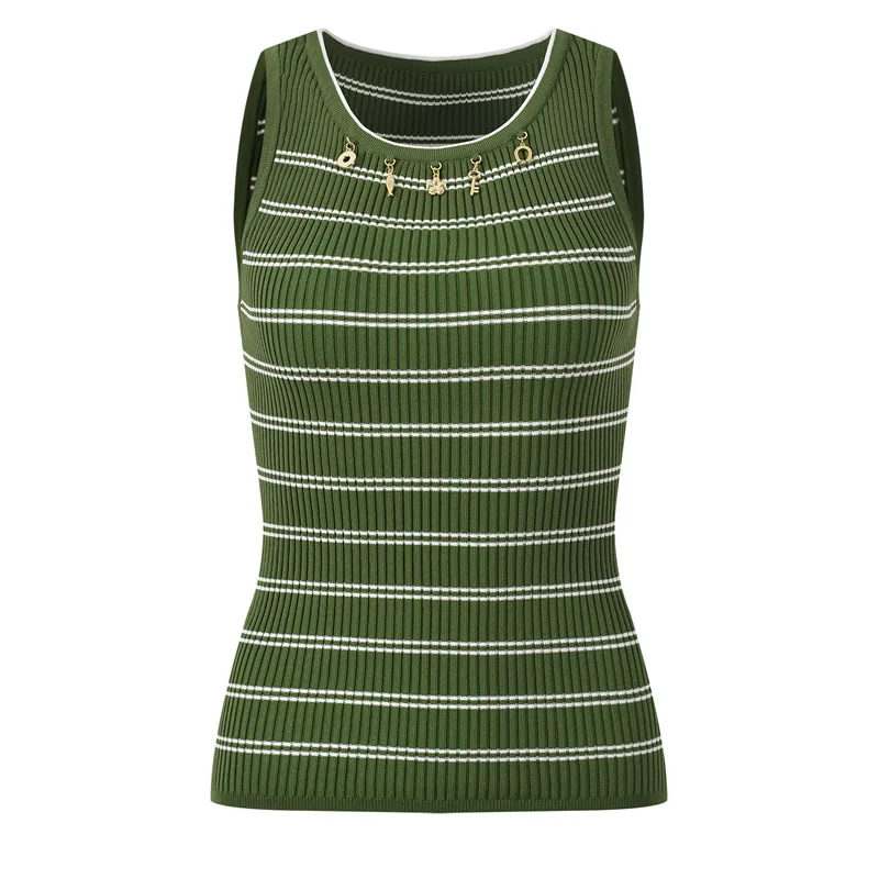Women O-Neck Knitted Cotton Sleeveless Tank Tops Striped Tops