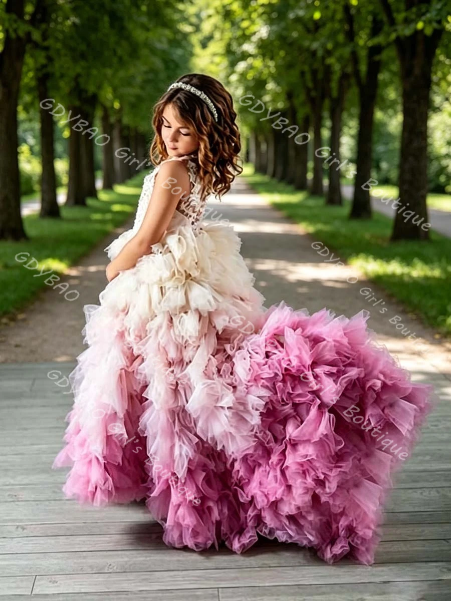Customized Kids Princess Pageant Dress Beaded Appliques Gradient Tiered Tulle Flower Girl Dress for Wedding Party Ball Gown