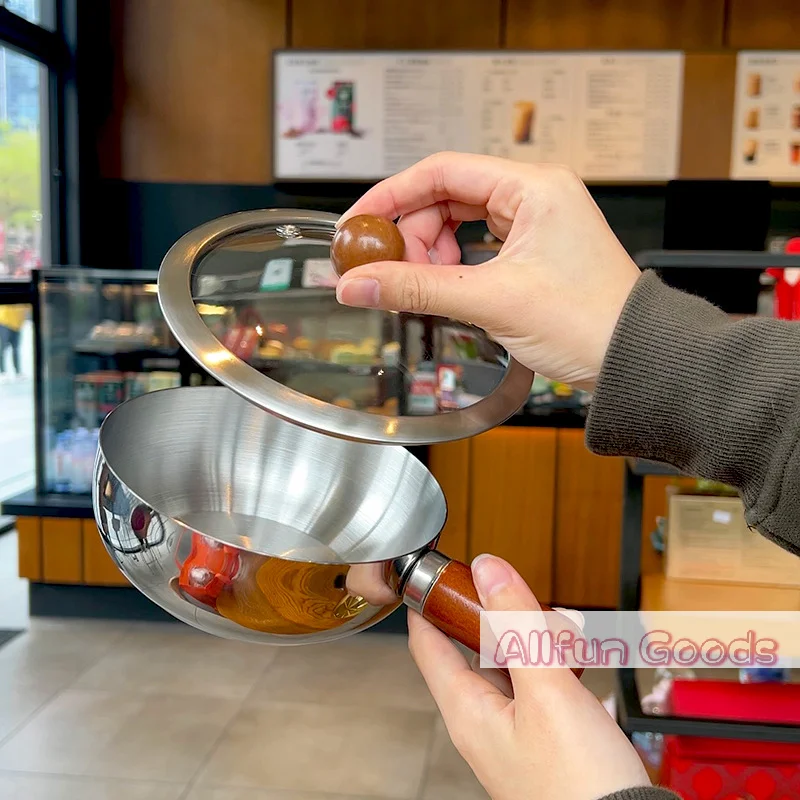 Stainless Steel Milk Pot With Wooden Handle, Compact Cooking Pot, Suitable For Frying Eggs And Heating Milk. Made Of Stainless S