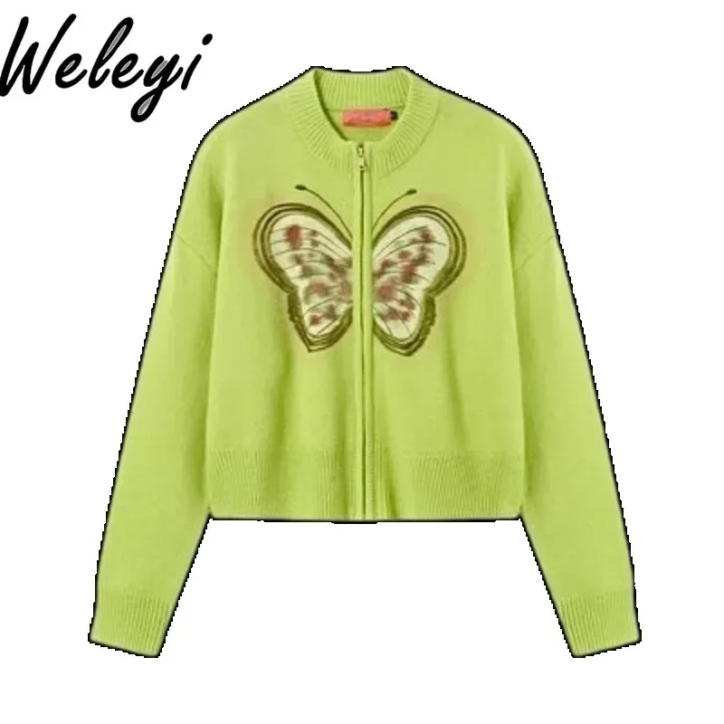 

Sweet Green Butterfly Printed Short Knitted Cardigan Female 2024 Spring and Autumn New Loose Short Sweater Cardigans Top Woman