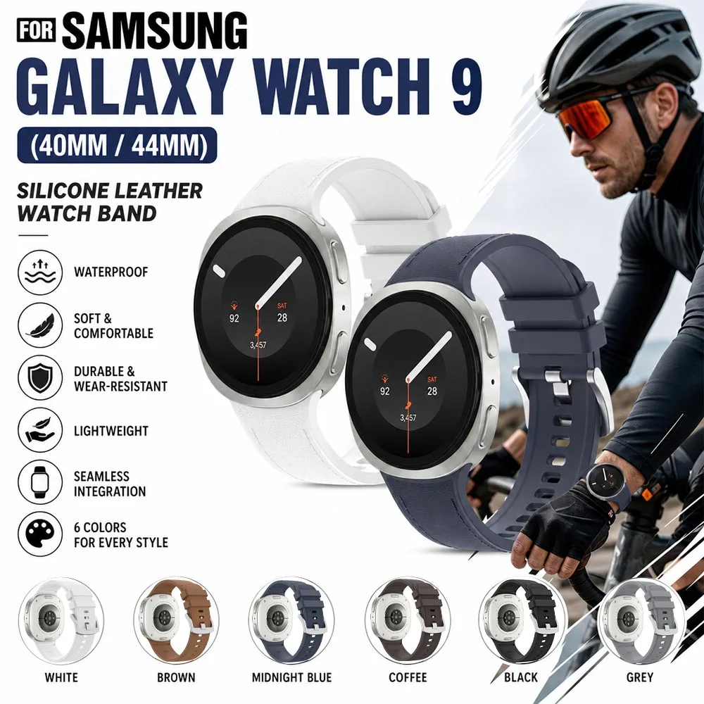 Watchband for Samsung Galaxy Watch 9 44mm Band Soft Silicone Leather Strap Waterproof for Samsung Galaxy Watch 9 8 40mm Bracelet