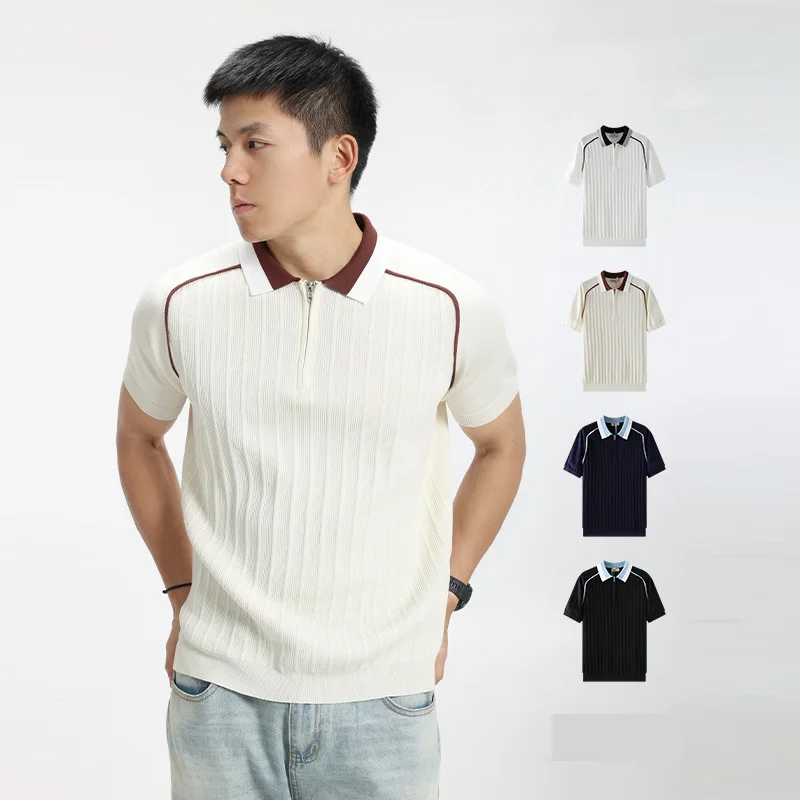 

Summer Knitted T Shirts Men Vintage Fashion Business Casual Short Sleeve T-shirt Cool Breathable Sweater Polo Shirt Tops