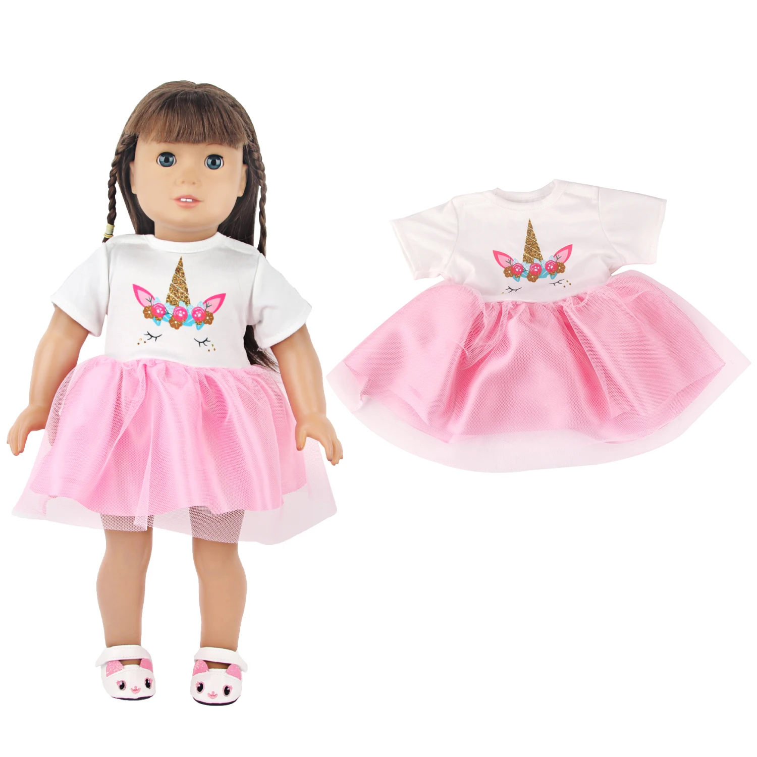 Lovely Double Layered Unicorn Dress Clothes For American 18 Inch Baby Girl Doll Smile Skirts For 43cm Baby New Born Doll DIY Toy