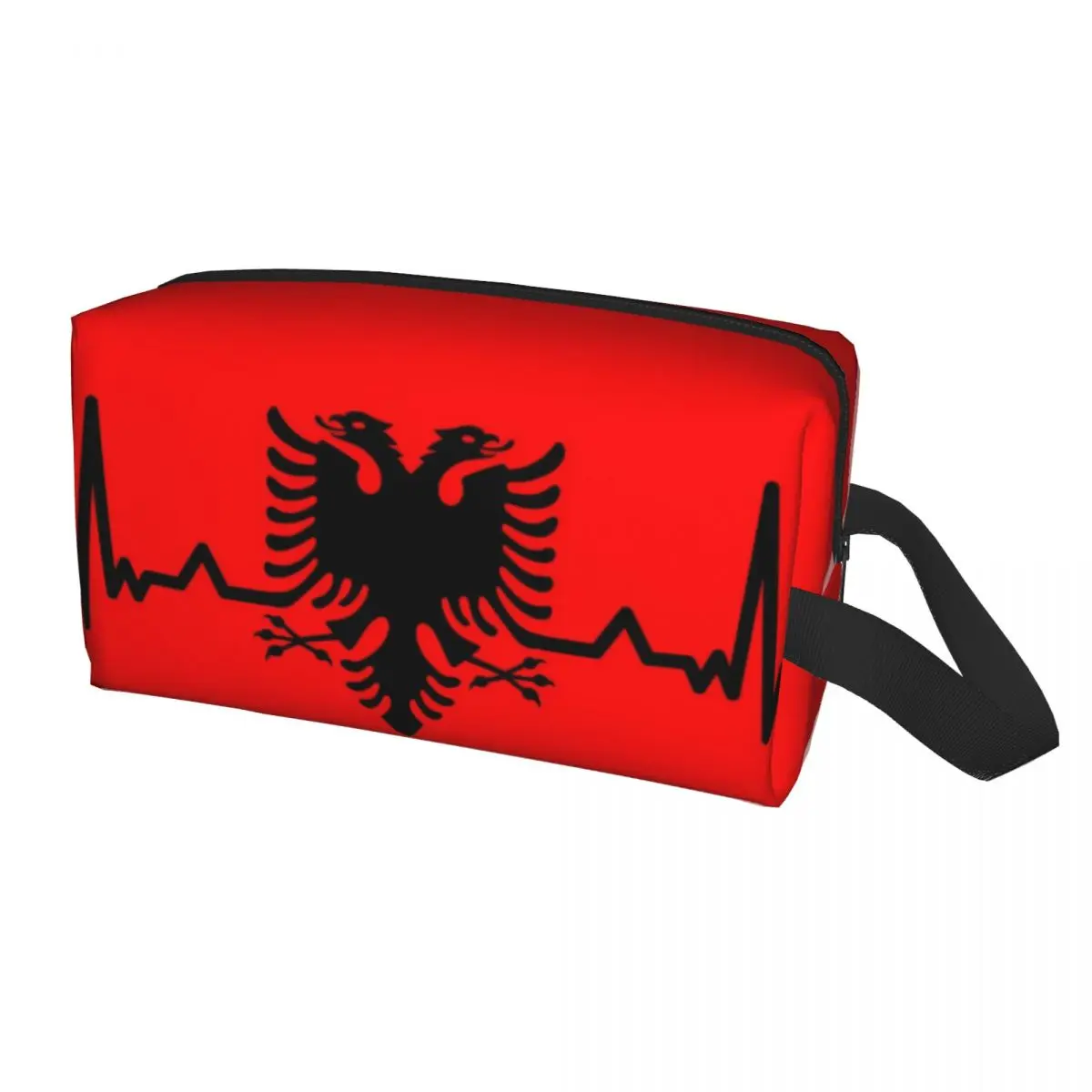 Custom Heartbeat Albania Flag Toiletry Bag Albanian Eagle Shqiponja Makeup Cosmetic Organizer Lady Beauty Storage Dopp Kit Box