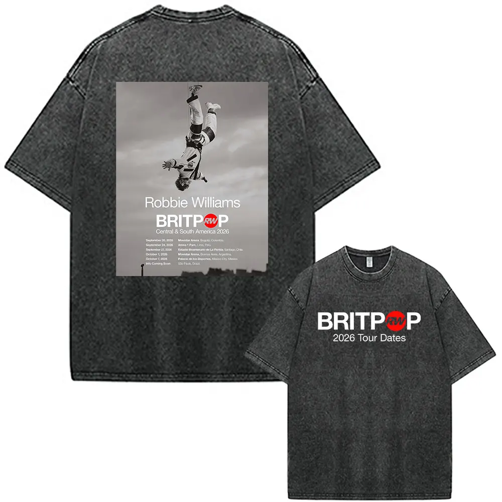 Robbie Williams Britpop 2026 Tour Vintage Washed T Shirts Men Women Clothing Fashion Oversized Short Sleeve T-shirts Streetwear