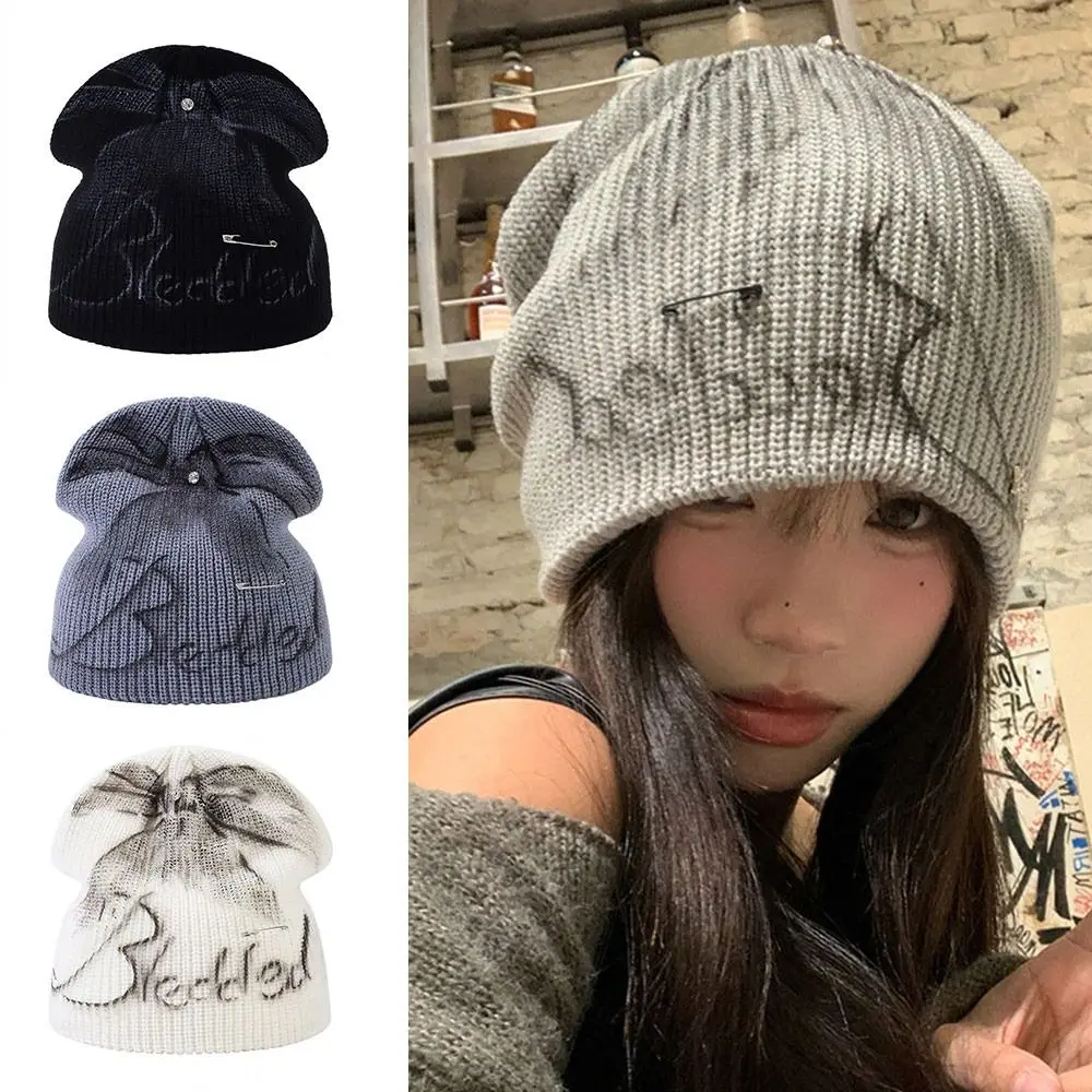 

Cute Multicolor Knitted Wool Hat Painting Bowknot Big Head Circumference Stacked Hat Soft Foldable Knitting Cap Women