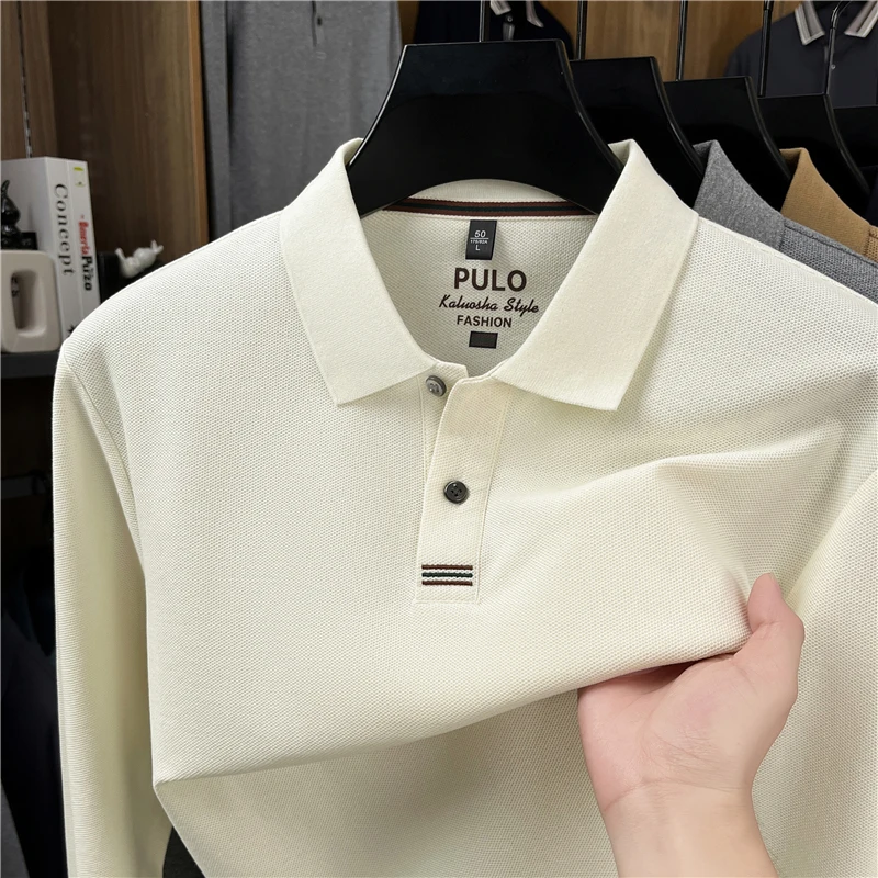 Autumn New Men's Soft 100% Cotton Polo Shirt Luxury Solid Color Printed Long Sleeve Lapel T-Shirt Business Casual Men's Clothing