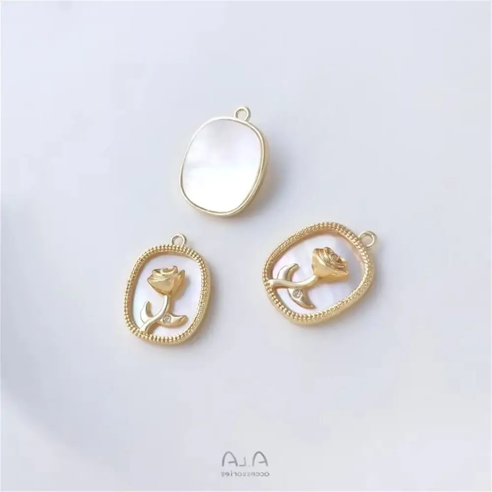 

Inlaid with Natural Seashells Rose Frames Pendant with 14K Gold DIY Necklace Jewelry Charms Pendant Accessories K427