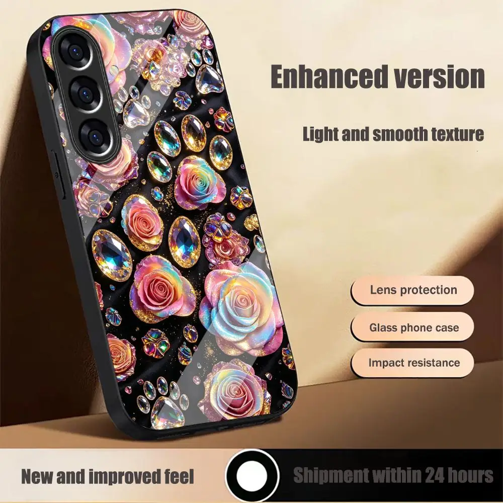 Rainbow Roses Gemstones Multi-color variants glass phone case for Samsung Galaxy S26 S25 S24 S23 S22 FE,Ultra,Plus Dropresistant