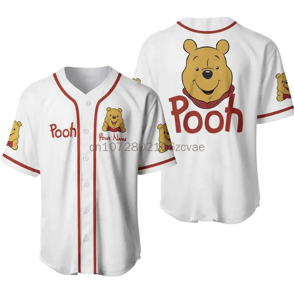 Disney New Winnie the Pooh Baseball Jersey Casual Mens Women Button Up Short Sleeve Jersey Disney Baseball Jersey Fashion Top