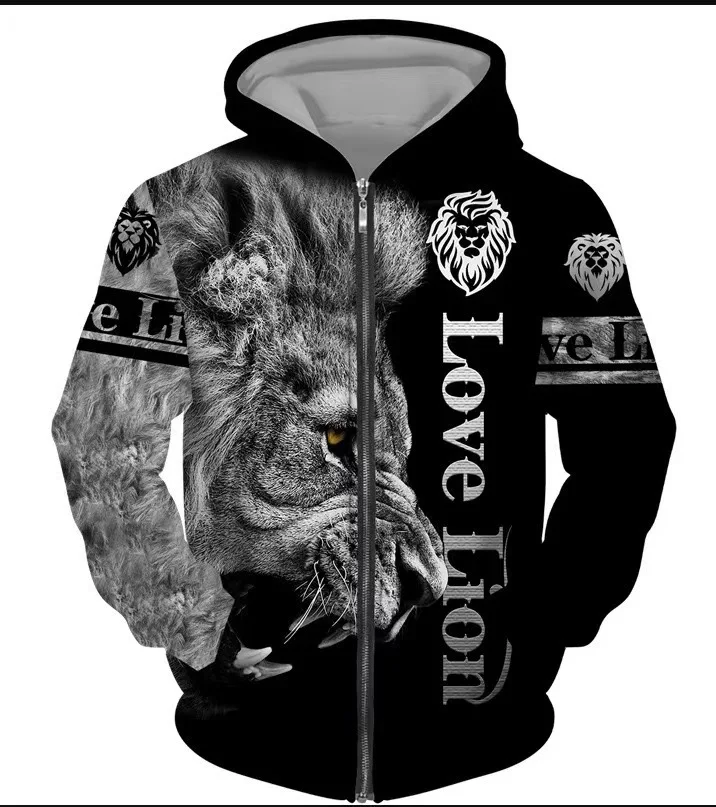 Herren Reißverschluss-Hoodie Trainingsanzug mit 3D-Grafikdruck Löwenkönig Langarm-Sweatshirt Jogginghose Locker Sitzend Herbst Winter Hip-Hop Alltagskleidung – Detail 8